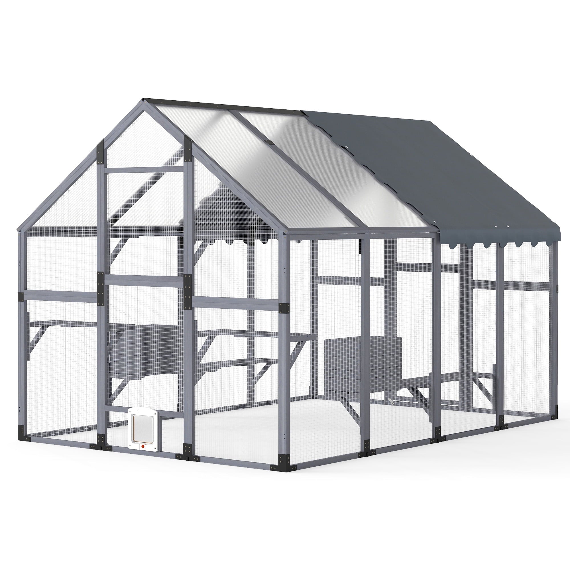 COZIWOW 108" Outdoor Large Cat Enclosure Wooden Kitten Catio Outside Cat House for Multiple Pets with Window Access Jumping Platforms,Gray