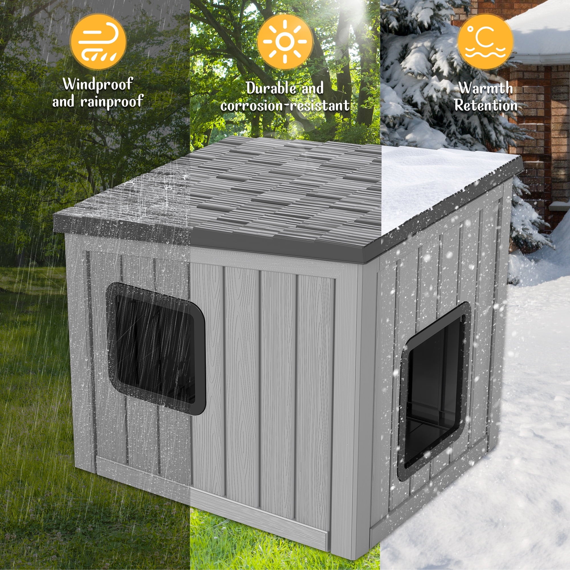 Bifanuo Outdoor Cat House, Outside Multiple Kitty Feral Cat Houses, Weatherproof Shelter for Ferrel Cats and Dogs, Durable PP Material, Insulated Shelter for Garden, Patio, or Backyard (Gray &amp; Black)