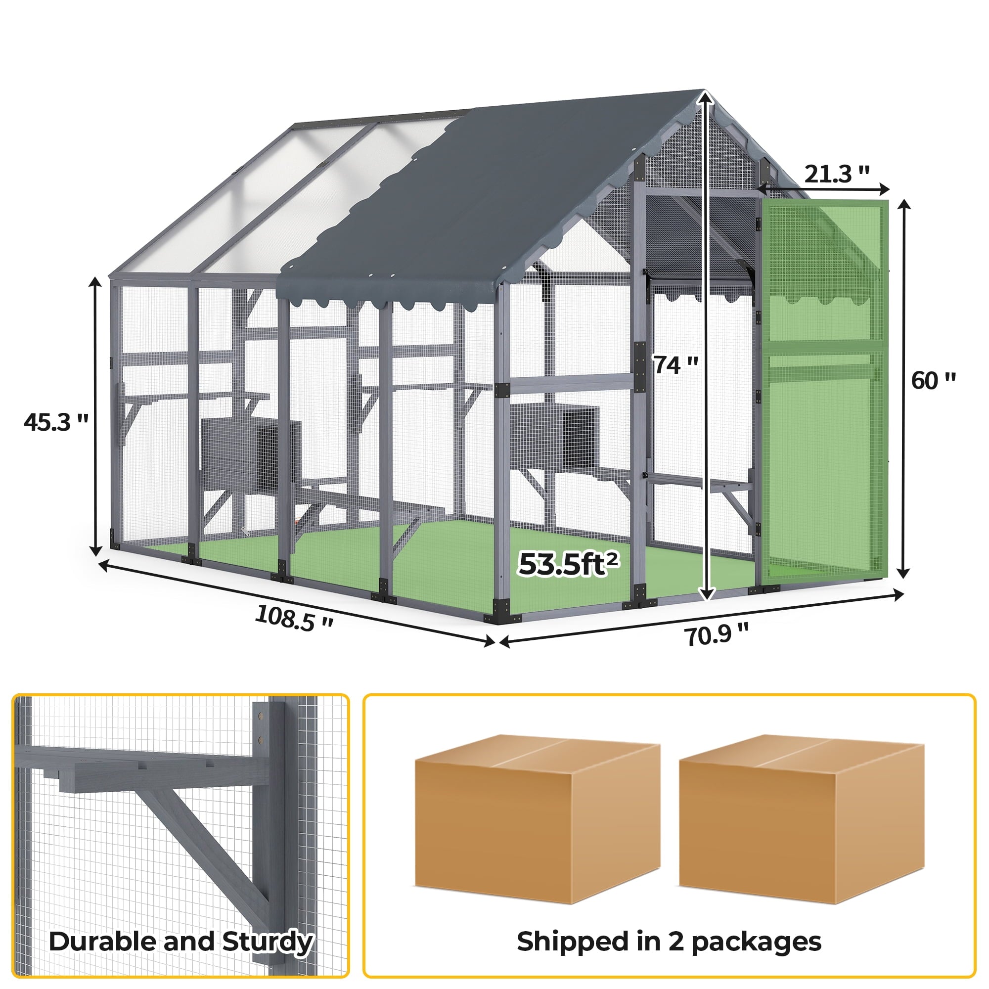 COZIWOW 108" Outdoor Large Cat Enclosure Wooden Kitten Catio Outside Cat House for Multiple Pets with Window Access Jumping Platforms,Gray