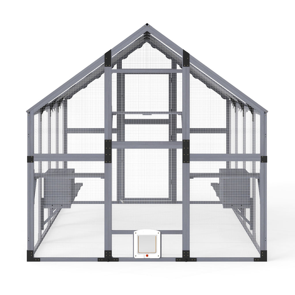 COZIWOW 108" Outdoor Large Cat Enclosure Wooden Kitten Catio Outside Cat House for Multiple Pets with Window Access Jumping Platforms,Gray
