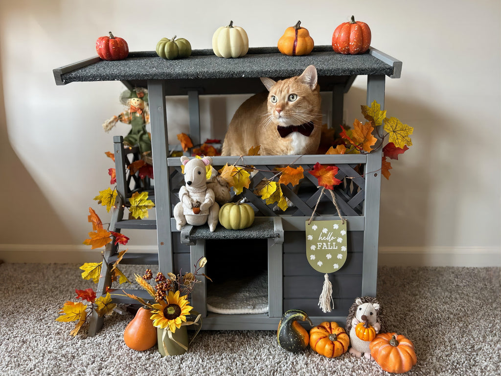 Aivituvin Wood Cat House with Balcony, Outdoor Indoor Kitty Shelter with Stairs