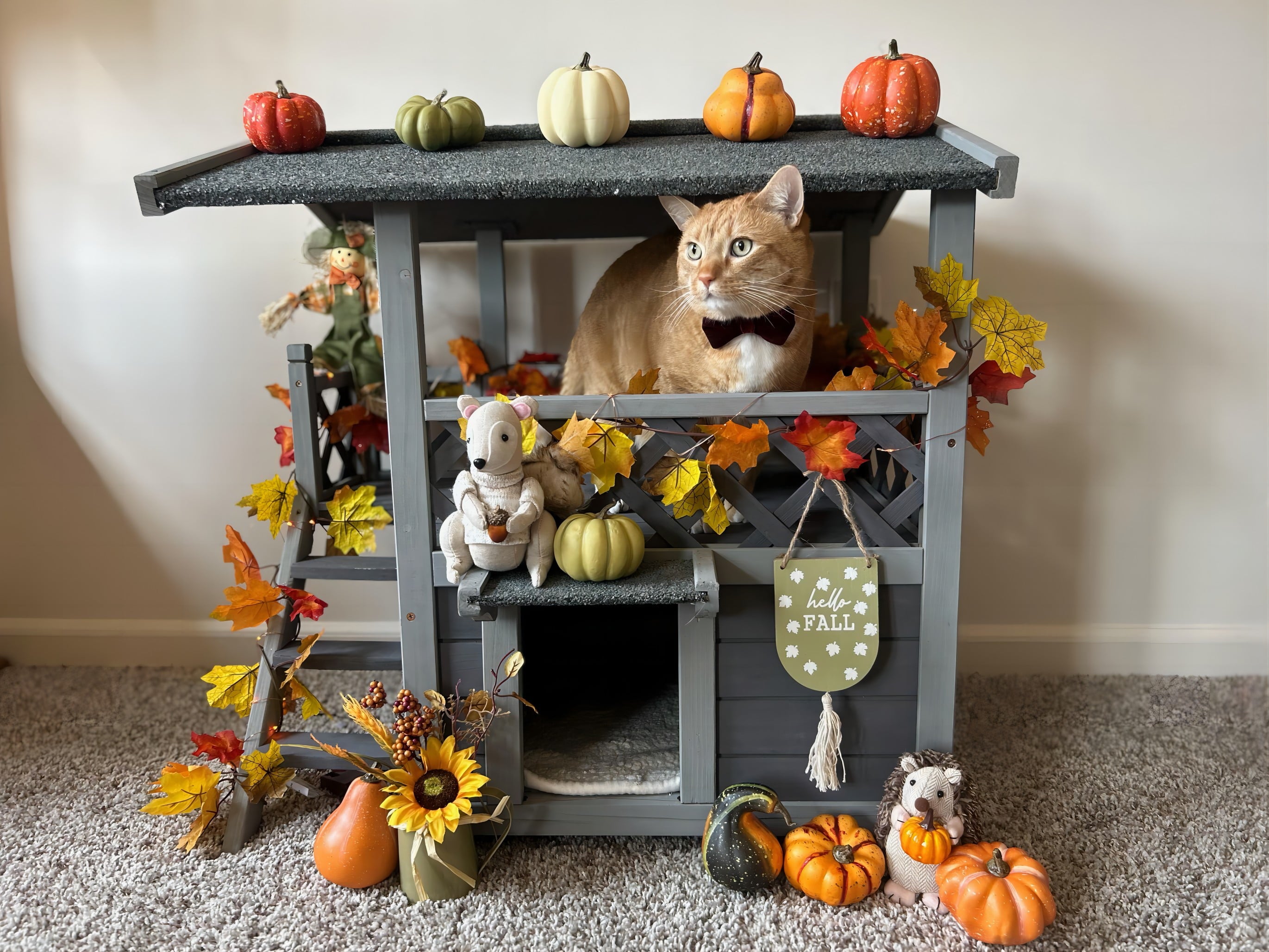 Aivituvin Wood Cat House with Balcony, Outdoor Indoor Kitty Shelter with Stairs