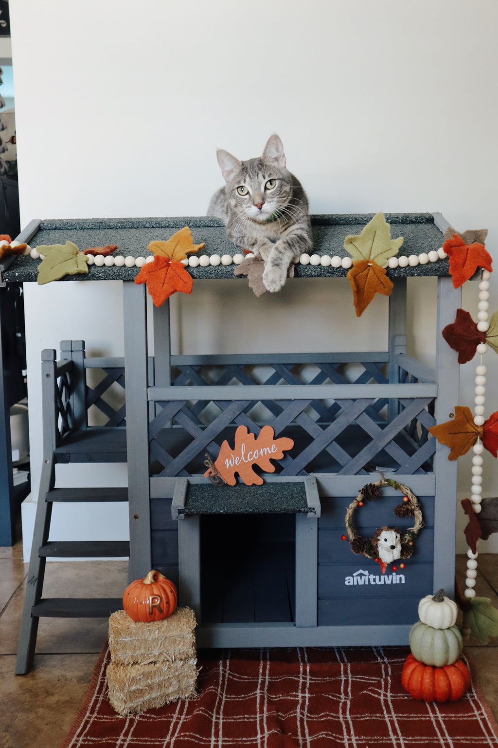 Aivituvin Wood Cat House with Balcony, Outdoor Indoor Kitty Shelter with Stairs