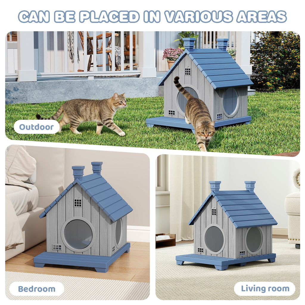 Bifanuo Outdoor Cat House,Weatherproof Resin Cat House, Villa-Style Outdoor Cat Shelter,Assemble Easily for Home &amp; Yard,Blue