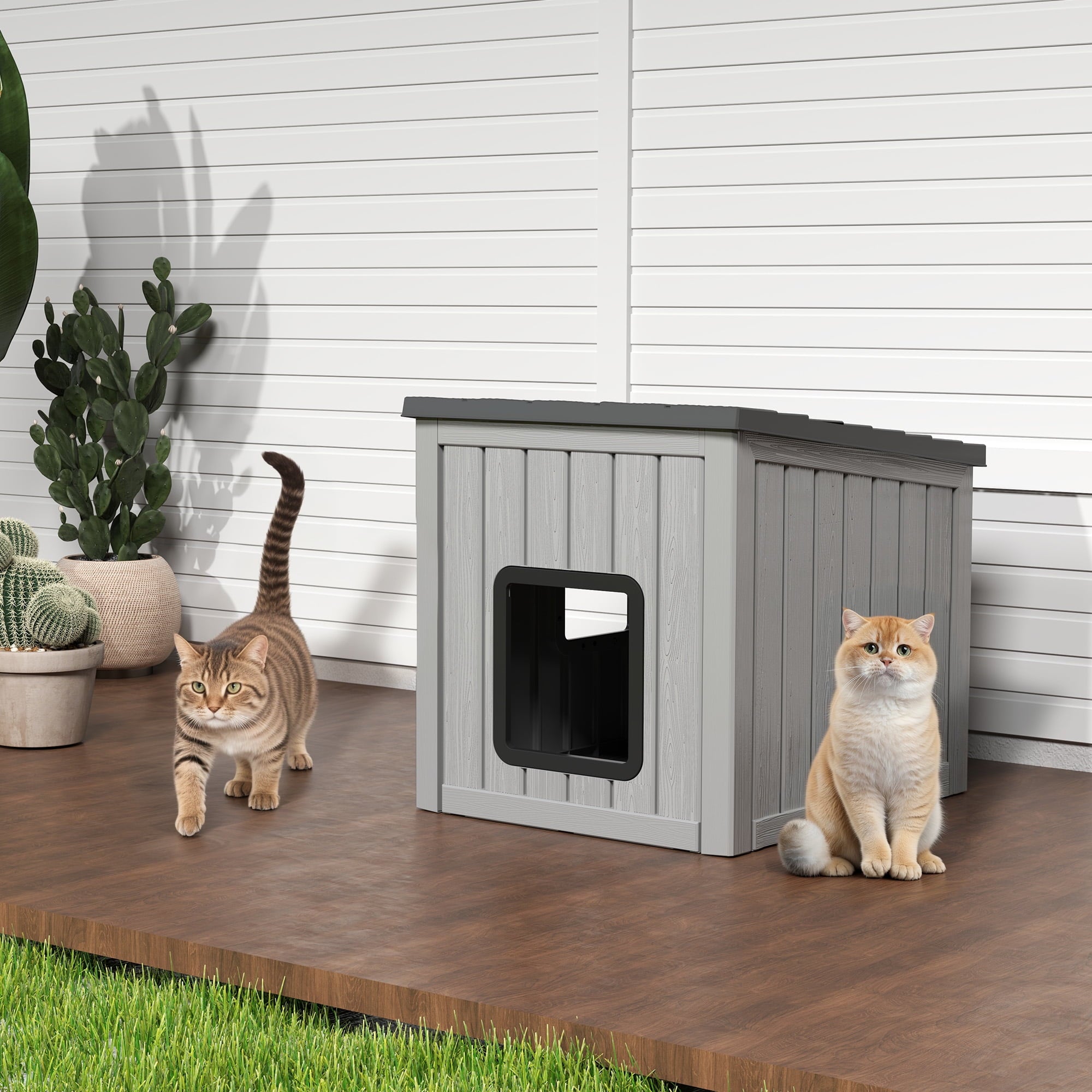 Bifanuo Outdoor Cat House, Outside Multiple Kitty Feral Cat Houses, Weatherproof Shelter for Ferrel Cats and Dogs, Durable PP Material, Insulated Shelter for Garden, Patio, or Backyard (Gray &amp; Black)