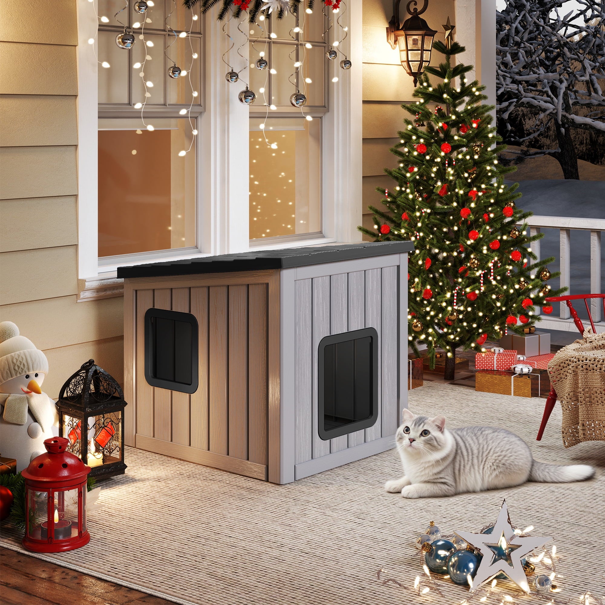 Bifanuo Outdoor Cat House, Outside Multiple Kitty Feral Cat Houses, Weatherproof Shelter for Ferrel Cats and Dogs, Durable PP Material, Insulated Shelter for Garden, Patio, or Backyard (Gray &amp; Black)