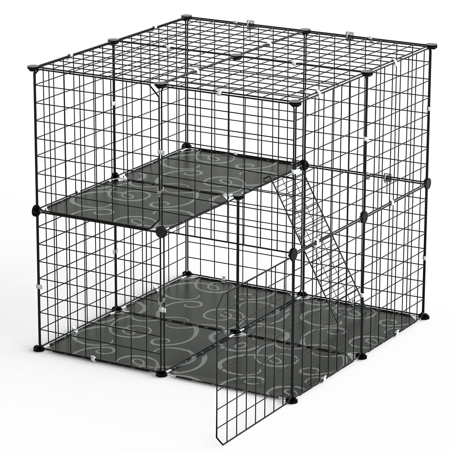 Moclever 2Tier Cat Cage Playpen, Iron Indoor Cat House with 2 Doors 1 Ladder for 1-2 Animals, Black