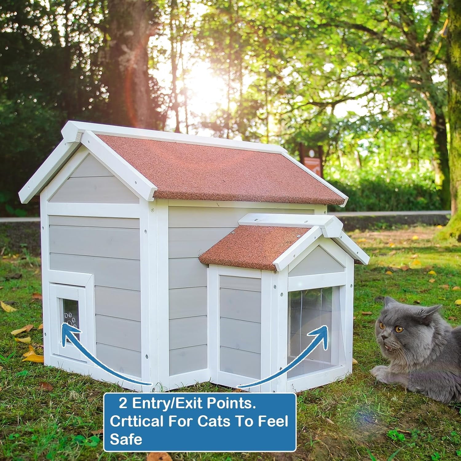 Outdoor Cat House Feral Cat Enclosure for Winter Double Rooms Weatherproof with Openable Roof