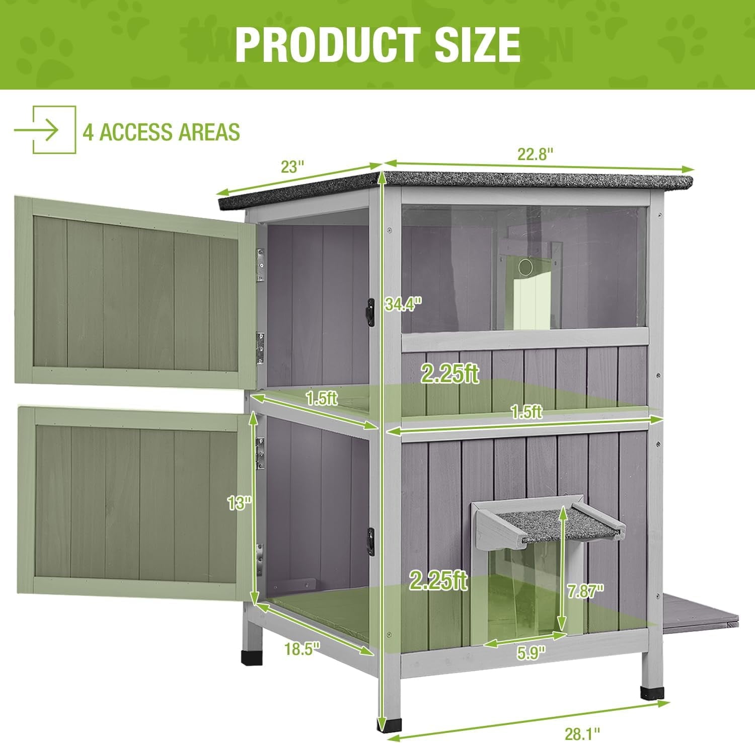 Aivituvin Outdoor Cat House, Waterproof Feral Cat Shelter, 2-Story Cat Cage for Outdoor and Indoor Use, Gray