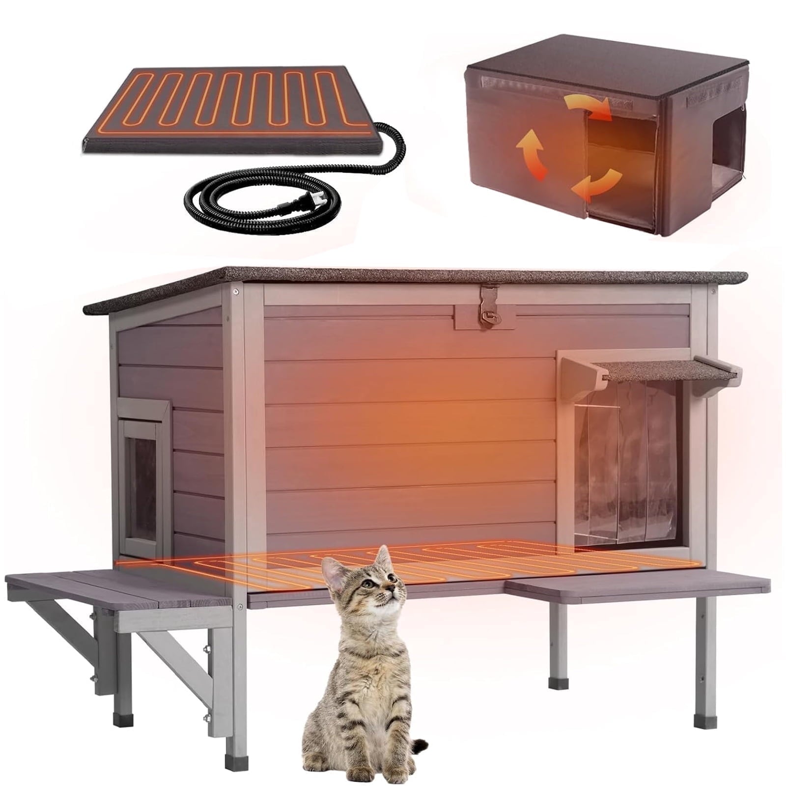 Aivituvin Wood Cat House with Balcony, Outdoor Indoor Kitty Shelter with Stairs