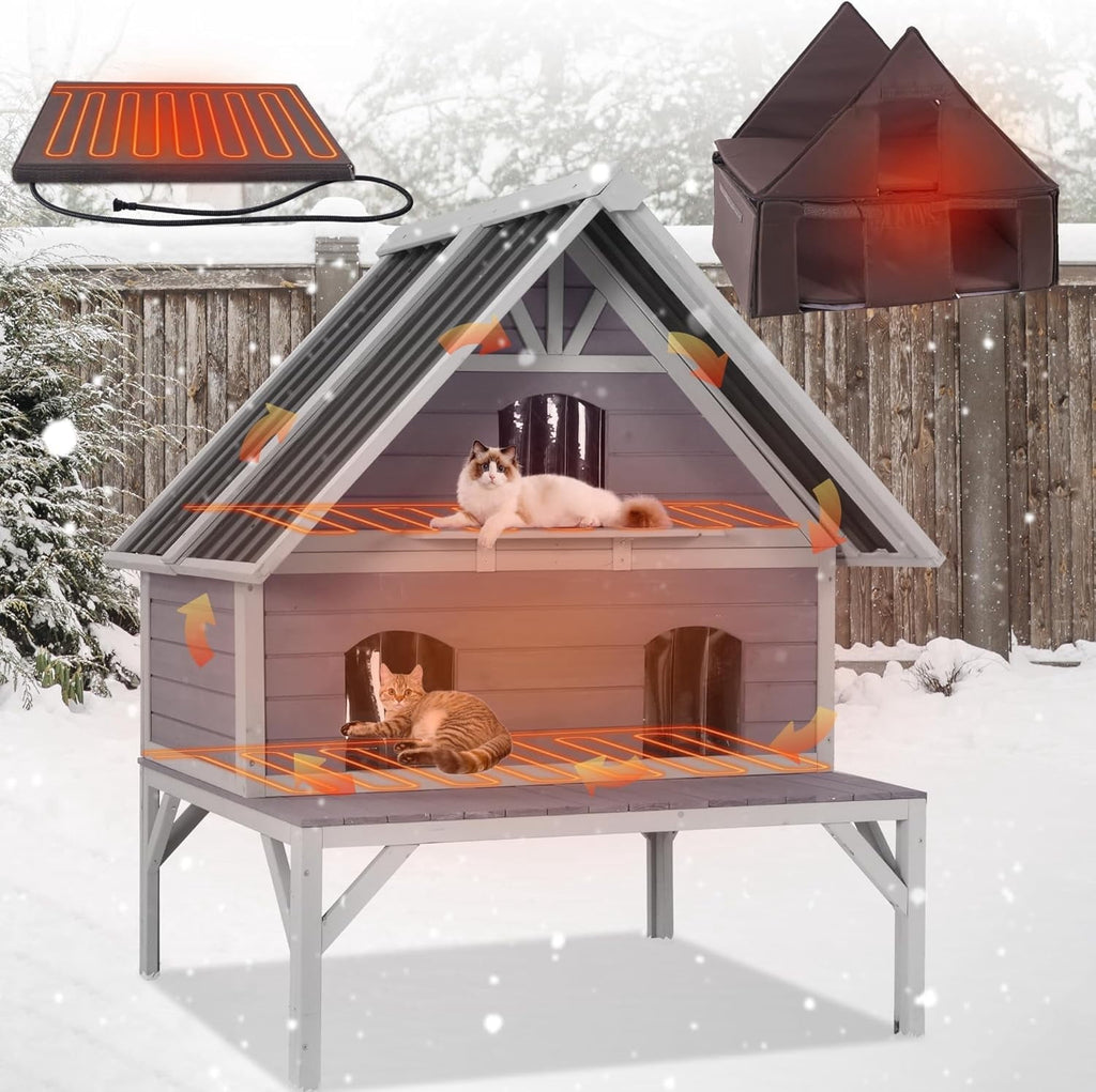 Aivituvin Heated Cat House for Outside, 2-Tier Insulated Cat House with Heating Pad, Oversized Weatherproof Feral Cat Shelter for 2-4 Cats