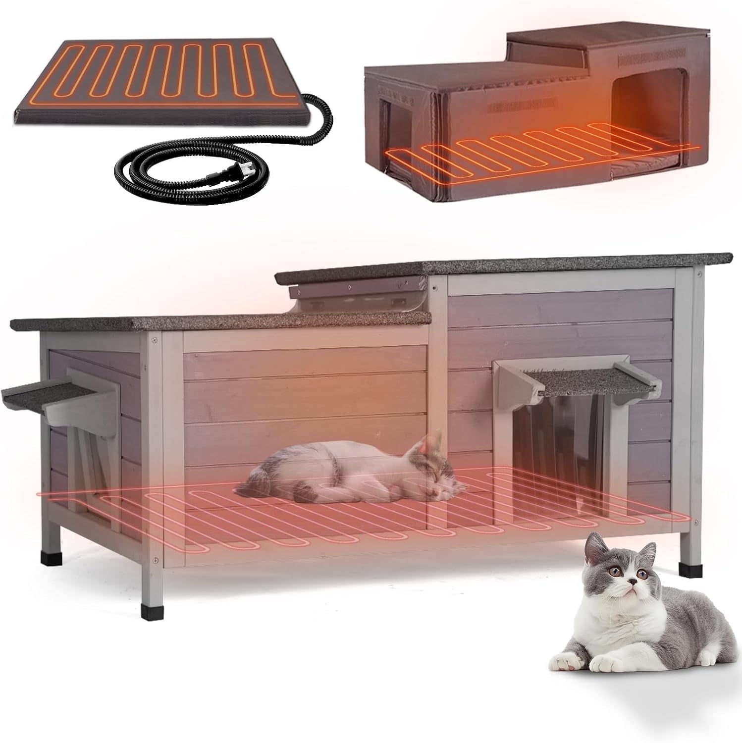 Aivituvin Outdoor Feral Cat House 2-Story Cat Cottage Kitten Shelter with Window