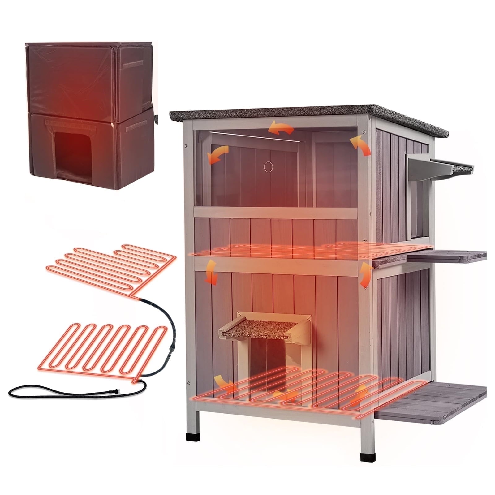 Aivituvin Outdoor Cat House, Waterproof Feral Cat Shelter, 2-Story Cat Cage for Outdoor and Indoor Use, Gray