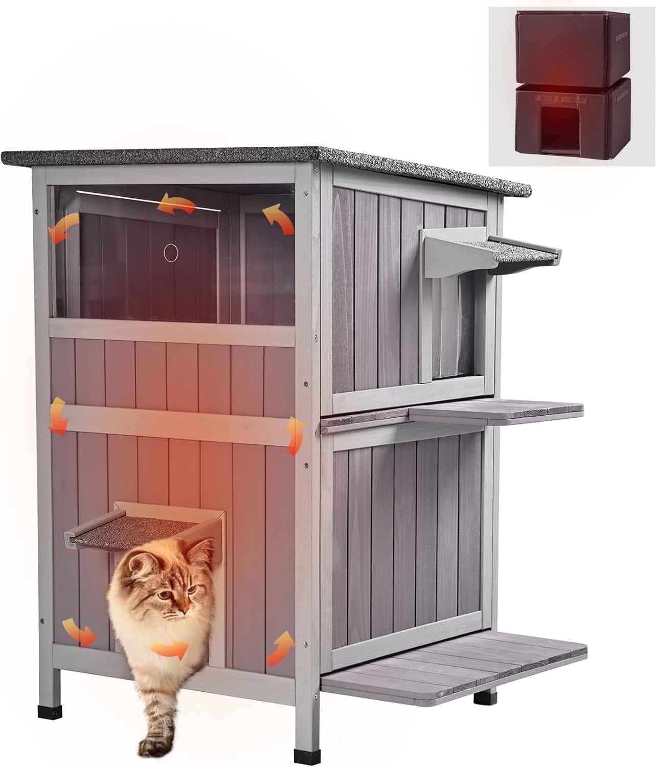 Aivituvin Outdoor Cat House, Waterproof Feral Cat Shelter, 2-Story Cat Cage for Outdoor and Indoor Use, Gray
