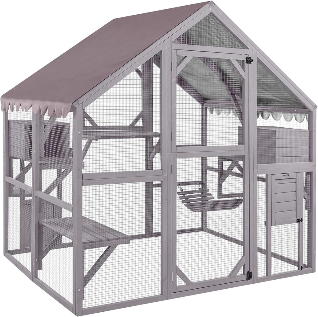 Aivituvin Large Cat Catio Walk-in Enclosure Wooden Cage with Bridges, Platforms, Rest Rooms, Roof Cover