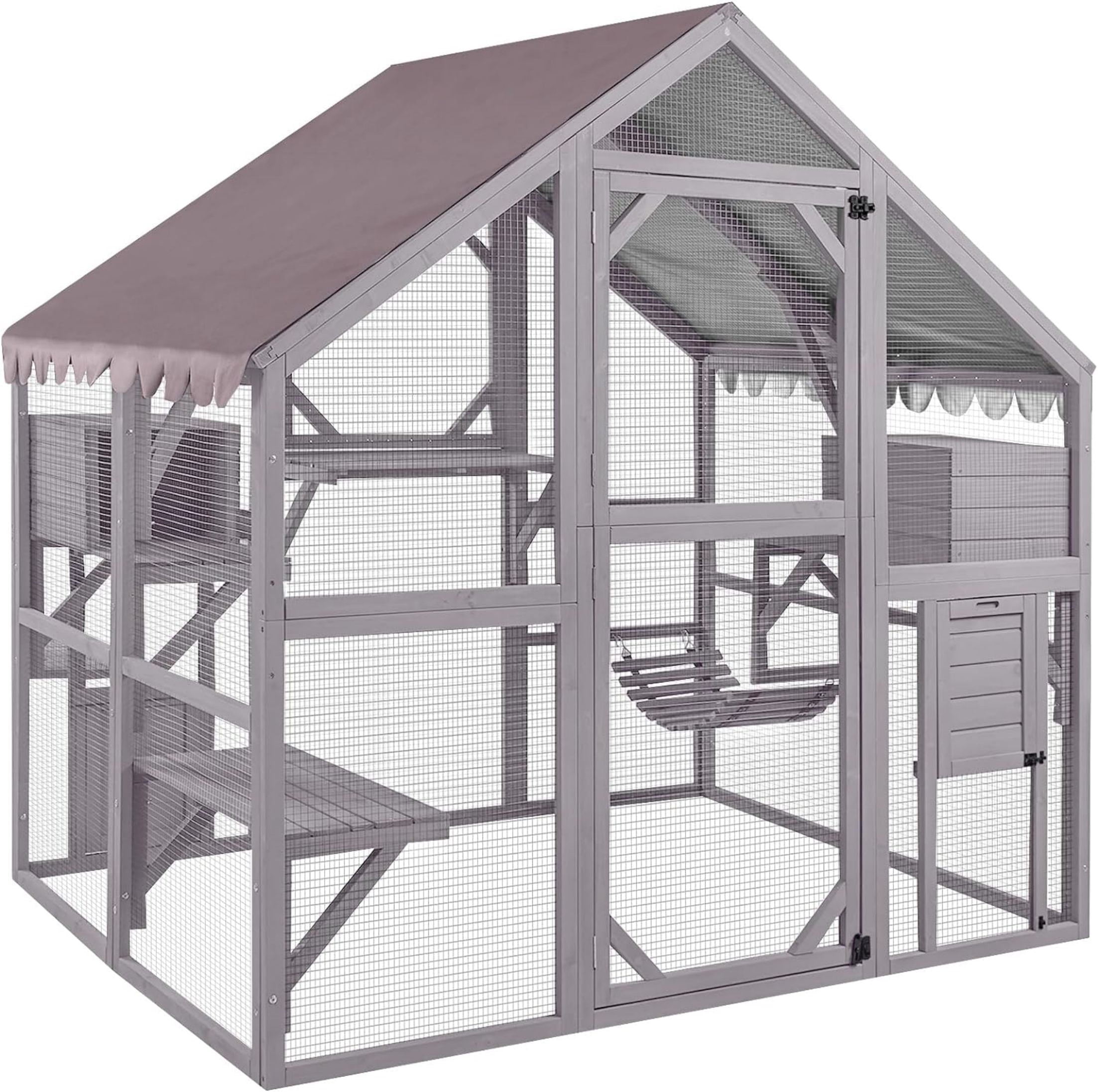 Aivituvin Large Cat Catio Walk-in Enclosure Wooden Cage with Bridges, Platforms, Rest Rooms, Roof Cover