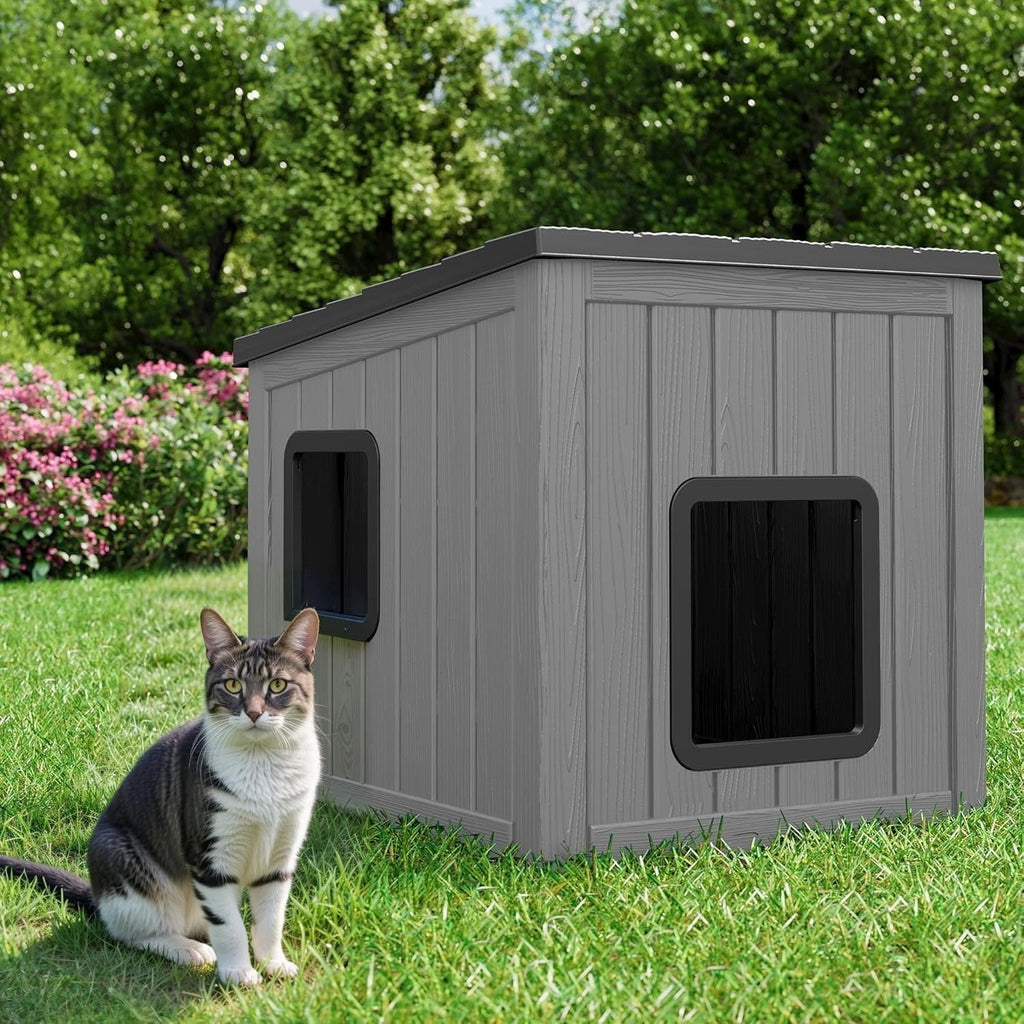 Bifanuo Outdoor Cat House, Outside Multiple Kitty Feral Cat Houses, Weatherproof Shelter for Ferrel Cats and Dogs, Durable PP Material, Insulated Shelter for Garden, Patio, or Backyard (Gray &amp; Black)