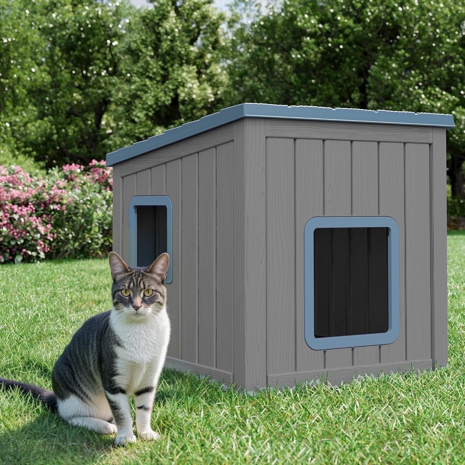 Bifanuo Outdoor Cat House, Outside Multiple Kitty Feral Cat Houses, Weatherproof Shelter for Ferrel Cats and Dogs, Durable PP Material, Insulated Shelter for Garden, Patio, or Backyard (Gray &amp; Black)