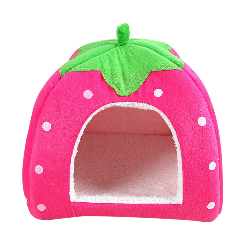 CHGBMOK Cute Strawberry Cat House Indoors Winter Warm Pet Dog Bed Foldable Fleece Warm Yurt