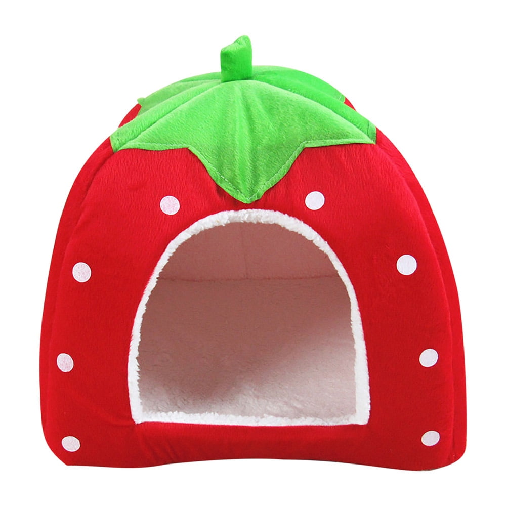 CHGBMOK Cute Strawberry Cat House Indoors Winter Warm Pet Dog Bed Foldable Fleece Warm Yurt