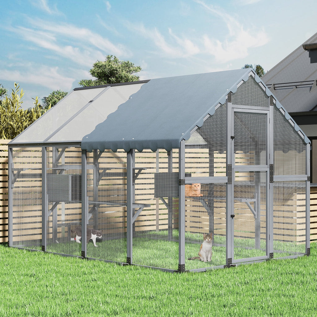 COZIWOW 108" Outdoor Large Cat Enclosure Wooden Kitten Catio Outside Cat House for Multiple Pets with Window Access Jumping Platforms,Gray
