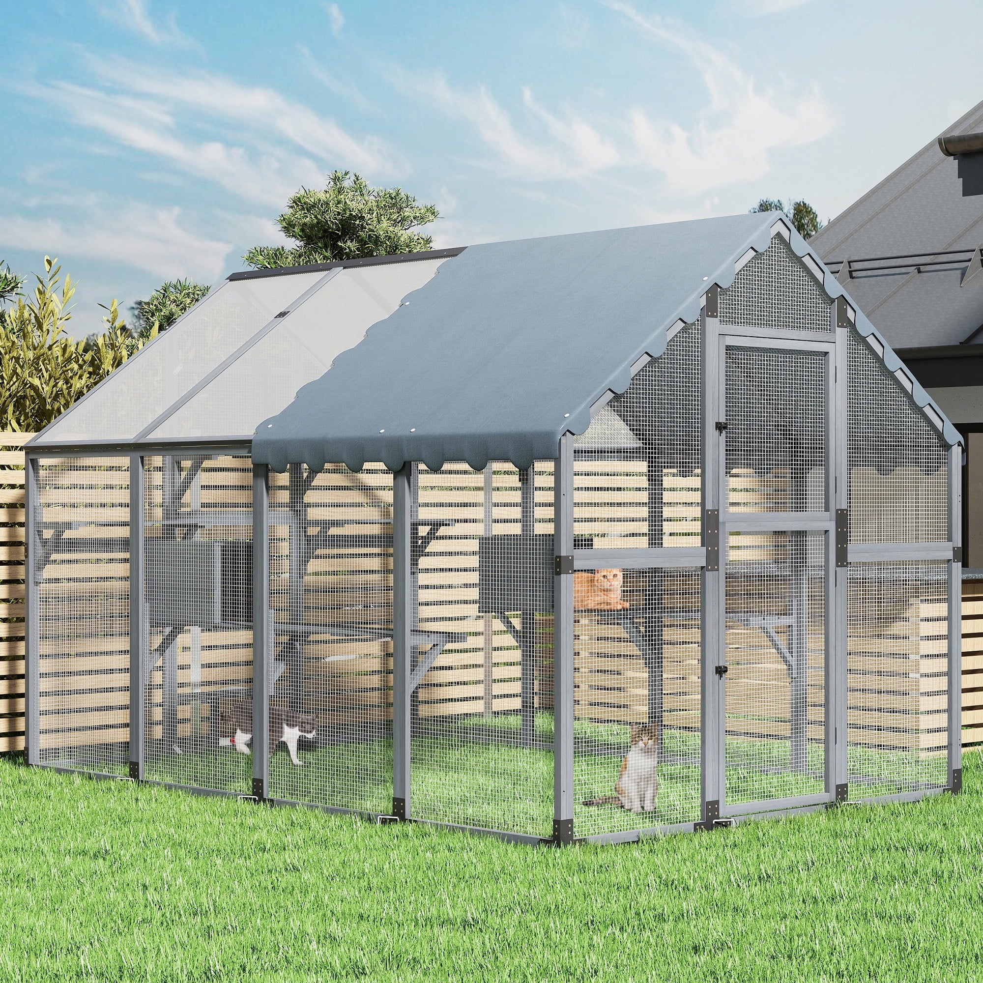 COZIWOW 108" Outdoor Large Cat Enclosure Wooden Kitten Catio Outside Cat House for Multiple Pets with Window Access Jumping Platforms,Gray