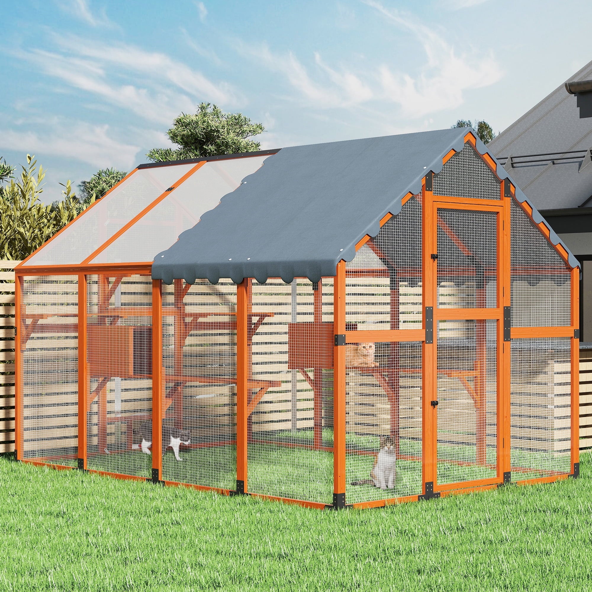 COZIWOW 108" Outdoor Large Cat Enclosure Wooden Kitten Catio Outside Cat House for Multiple Pets with Window Access Jumping Platforms,Gray