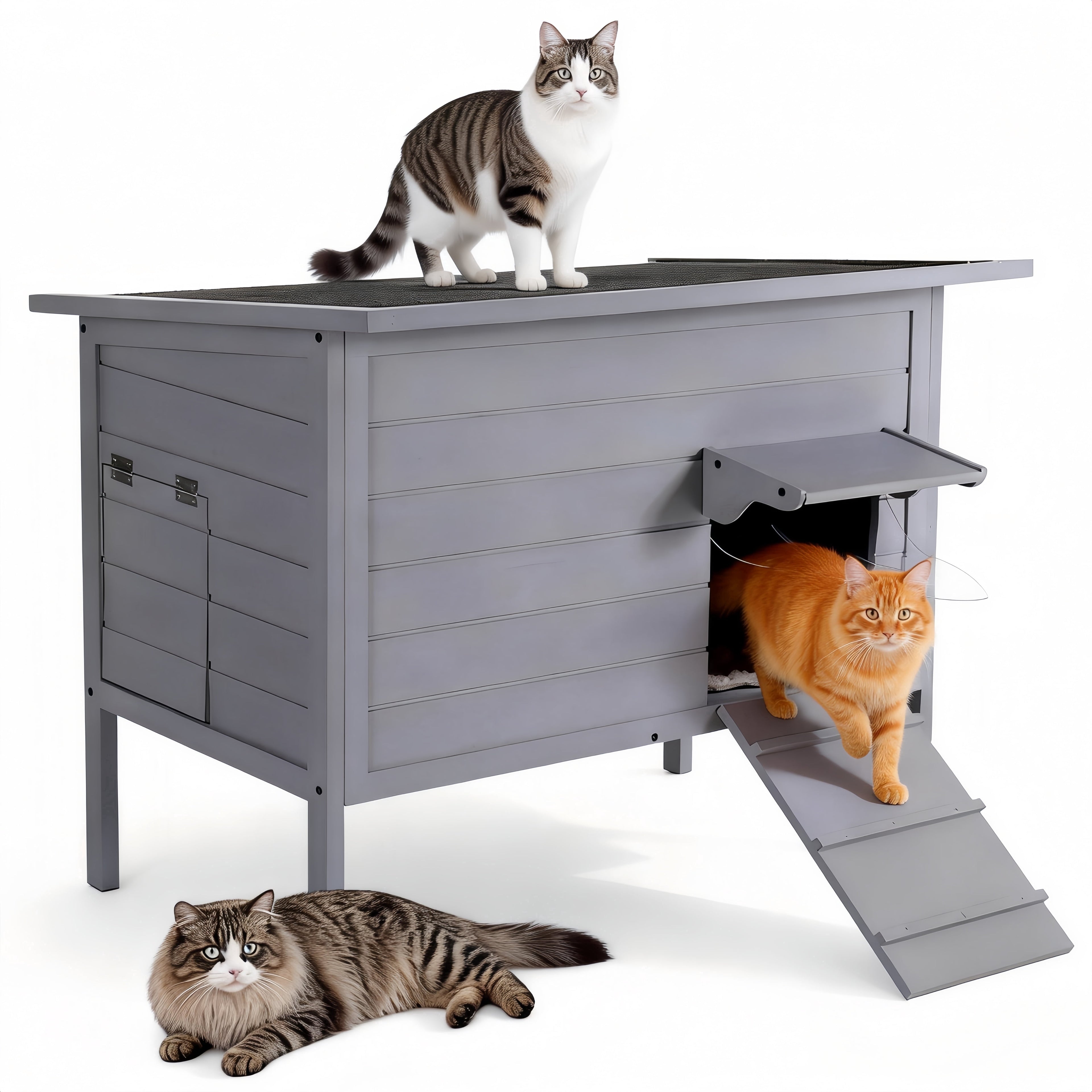 Outdoor Cat House with Removable Heating Pad, DOMIPET Heated Cat House, Waterproof Winter Shelter for Multiple Cats &amp; Small Animals with Escape Door, Suitable for All Seasons