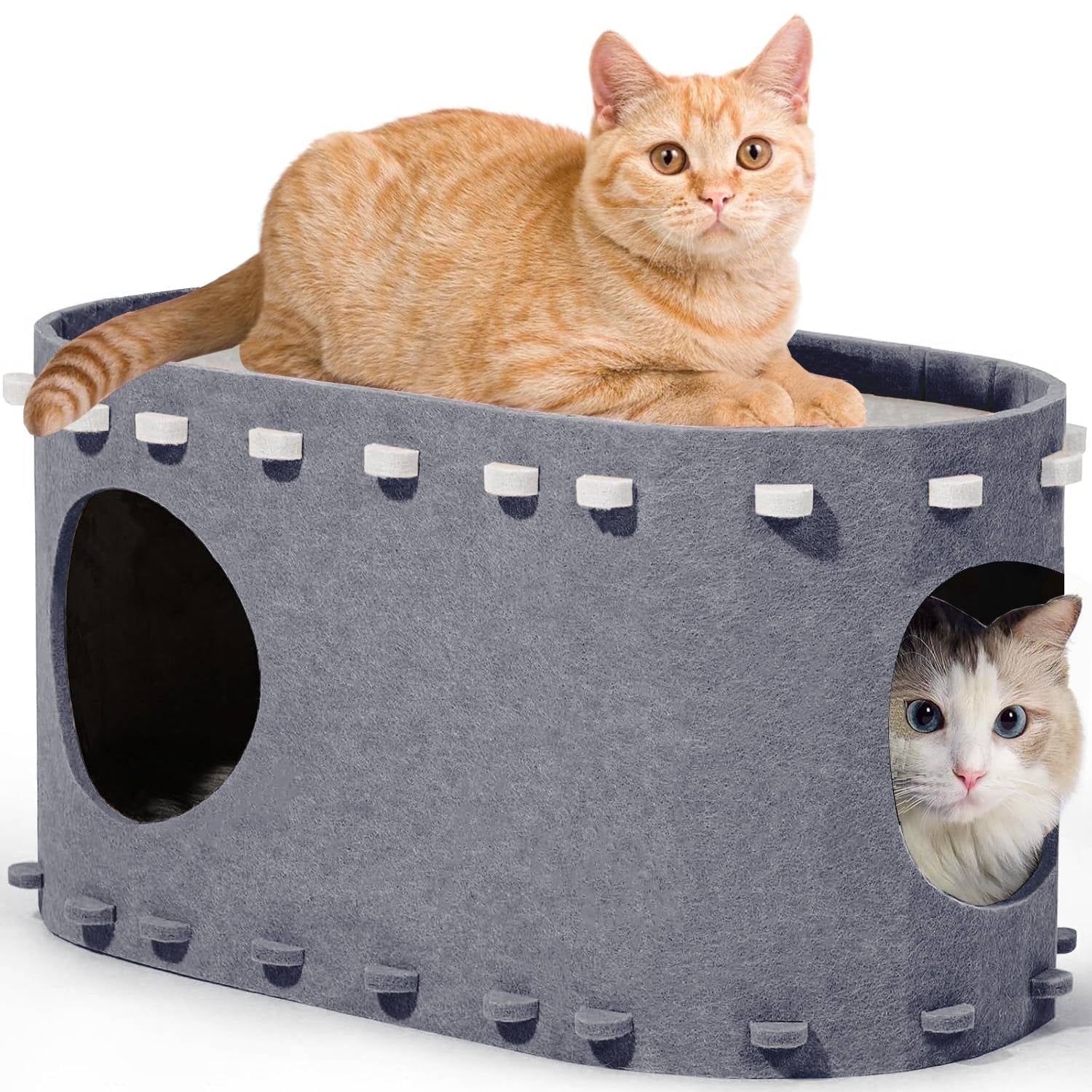 Cat Bed, POPO Extra Large Cat House with Scratch Pad and Fluffy Ball Hanging ,24"x16"x13", Khaki