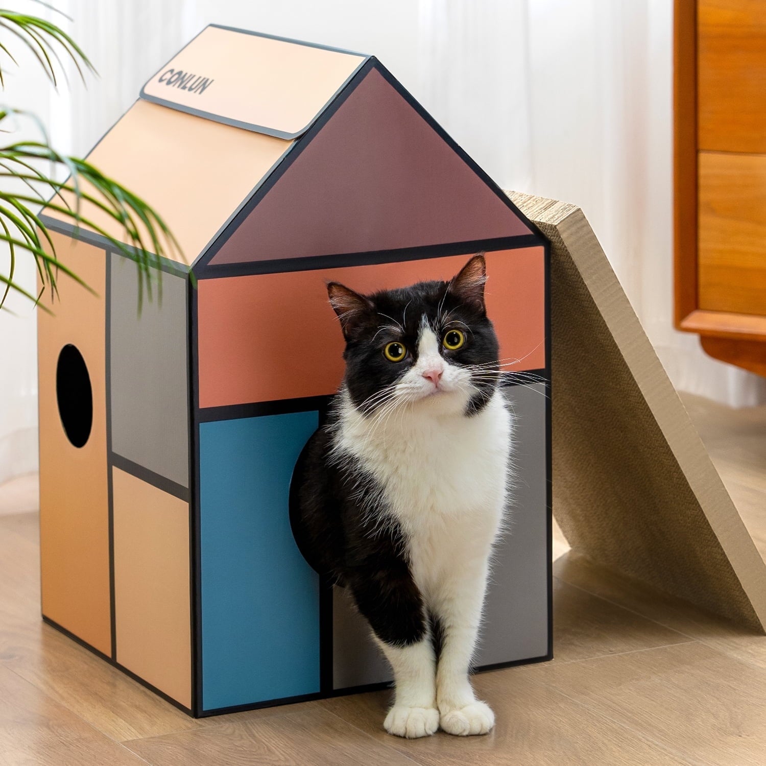 Conlun Cat Scratcher Cardboard Cat House with Cat Scratching Pad&amp;Catnip,Removable Cat Scratcher Pad Home Toy for Indoor Cats