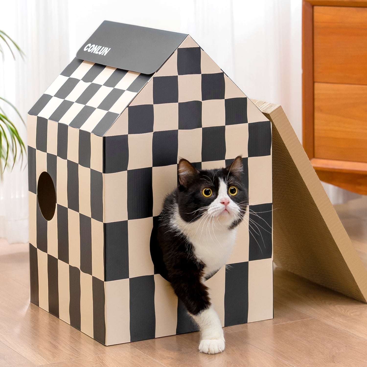 Conlun Cat Scratcher Cardboard Cat House with Cat Scratching Pad&amp;Catnip,Removable Cat Scratcher Pad Home Toy for Indoor Cats