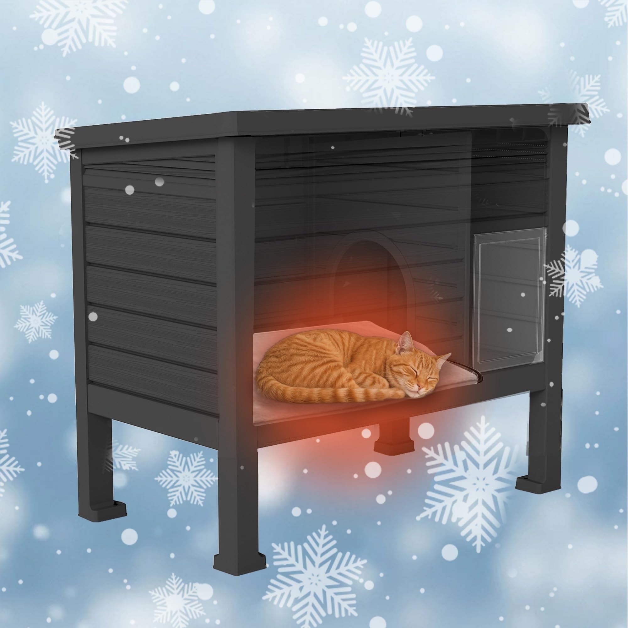 EasyUp Outdoor Cat House,Weatherproof Feral Cat Shelter with Raised Floor,Warm,Resin Material,Outdoor Feral Cat House for Cats and Small Animals,with Door,Easy to Assemble (Black, Large)