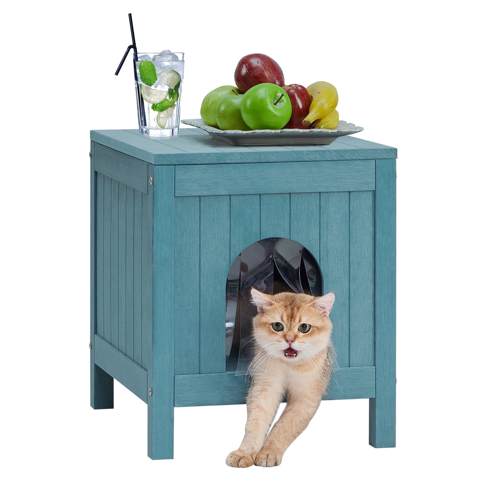 GONICHA Insulated Cat House, Weatherproof Poly Lumber Outdoor Cat House, Moisture-Proof Elevated Cat Shelter with Side Table Function, Openable Roof to Easy Cleaning Cat Houses -Teak Color
