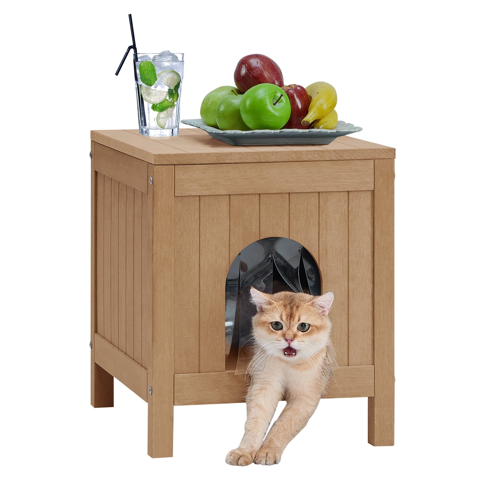 GONICHA Insulated Cat House, Weatherproof Poly Lumber Outdoor Cat House, Moisture-Proof Elevated Cat Shelter with Side Table Function, Openable Roof to Easy Cleaning Cat Houses -Teak Color