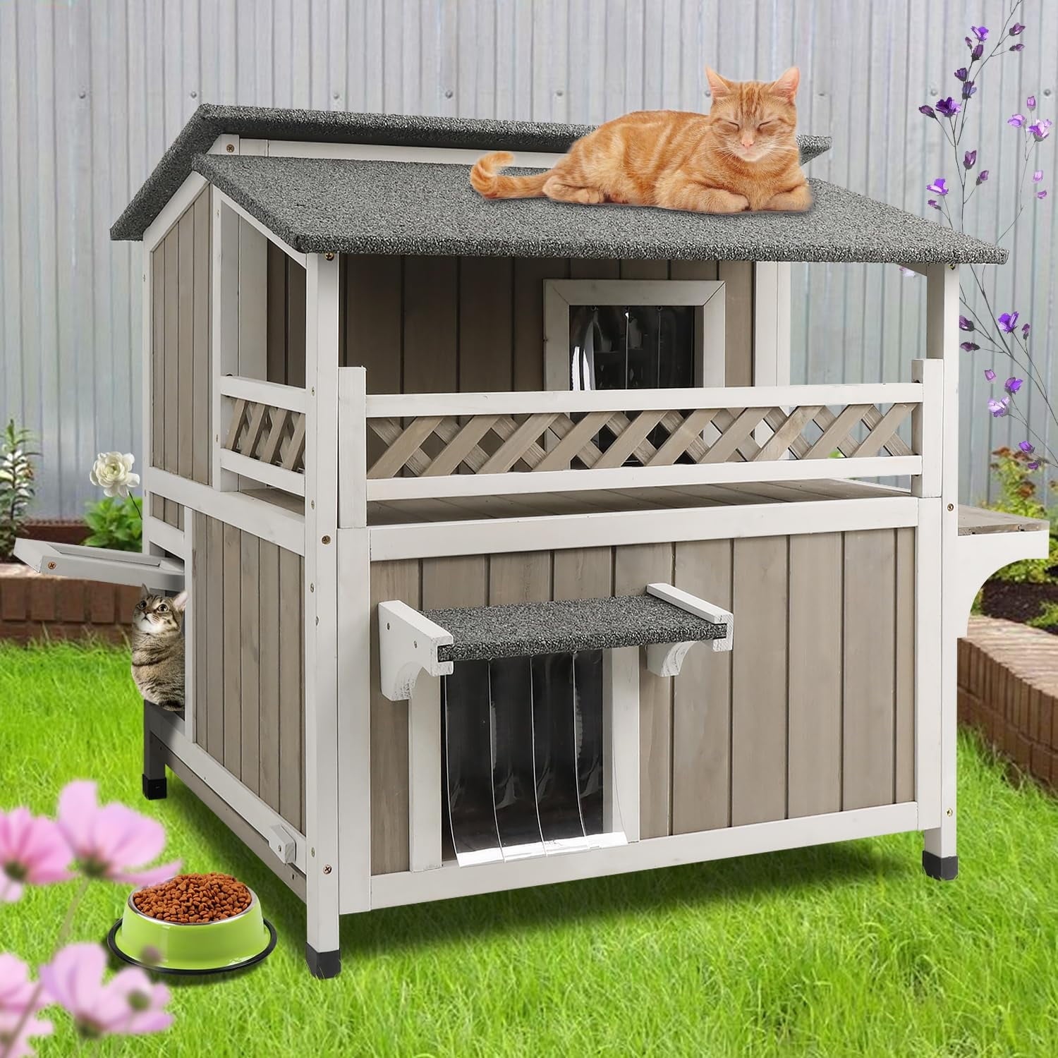 Gowoodhut Cat House Two-Story Wooden Feral Cat Shelter with Balcony for Indoor &amp; Outdoor , Gray