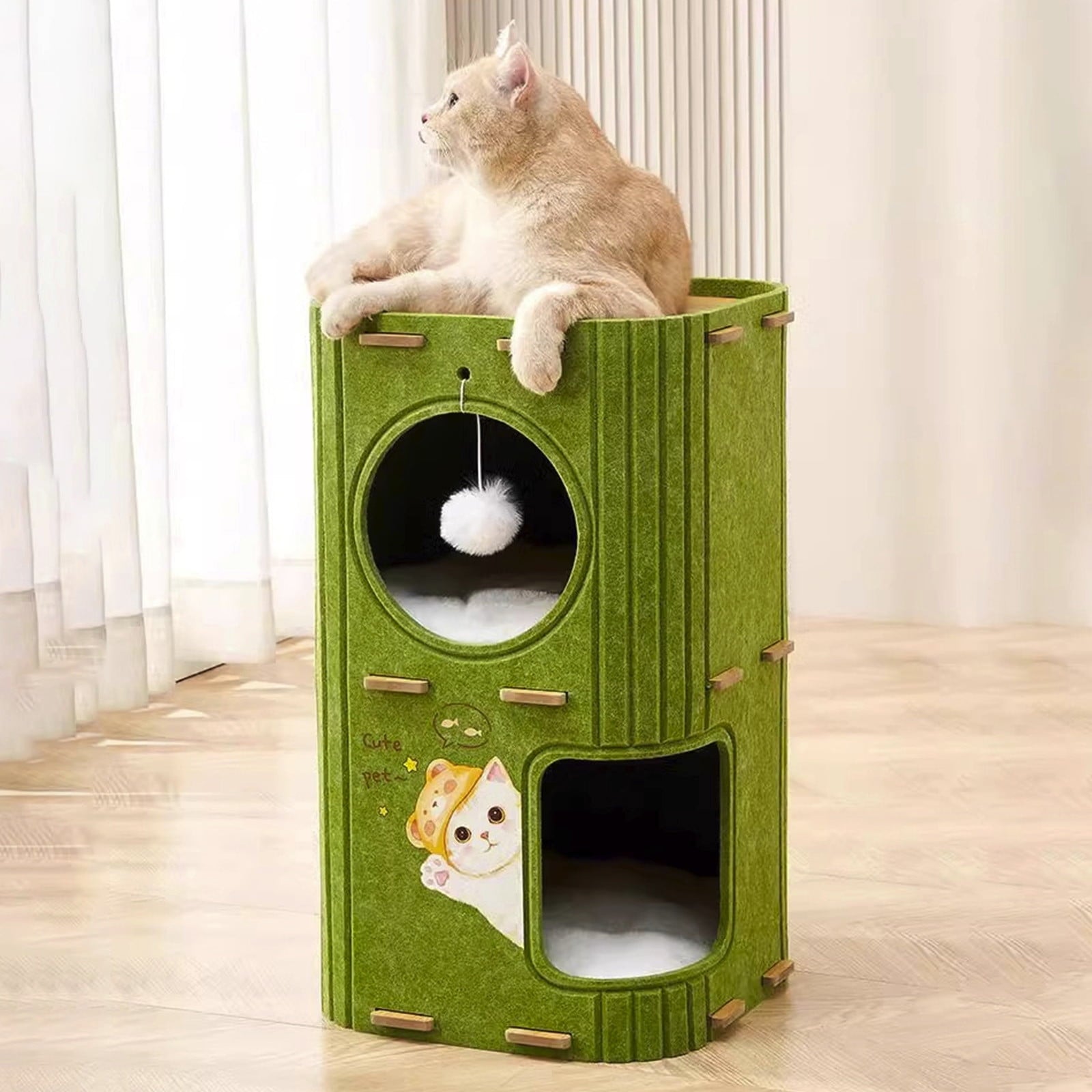 Gumesh 2-Story Cat House with Tunnel - Indoor Multi-Cat Condo with Washable Mats, Felt-Covered Hideaway &amp; Cave Bed