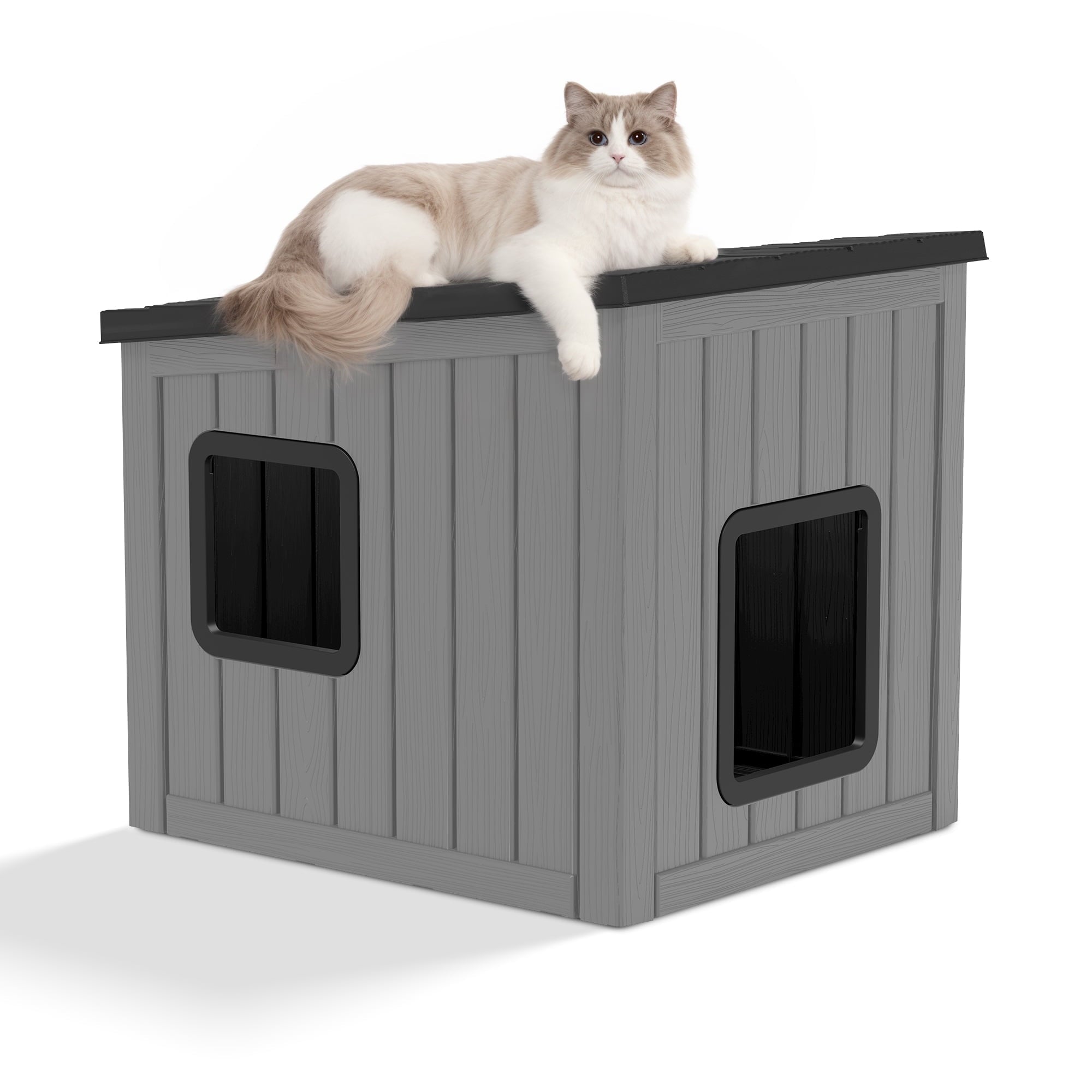 LHBcraft Outdoor Cat House, Weatherproof PP Cat Shelter for Feral &amp; Stray Cats, Durable All-Season Pet House for Garden &amp; Patio ,Black