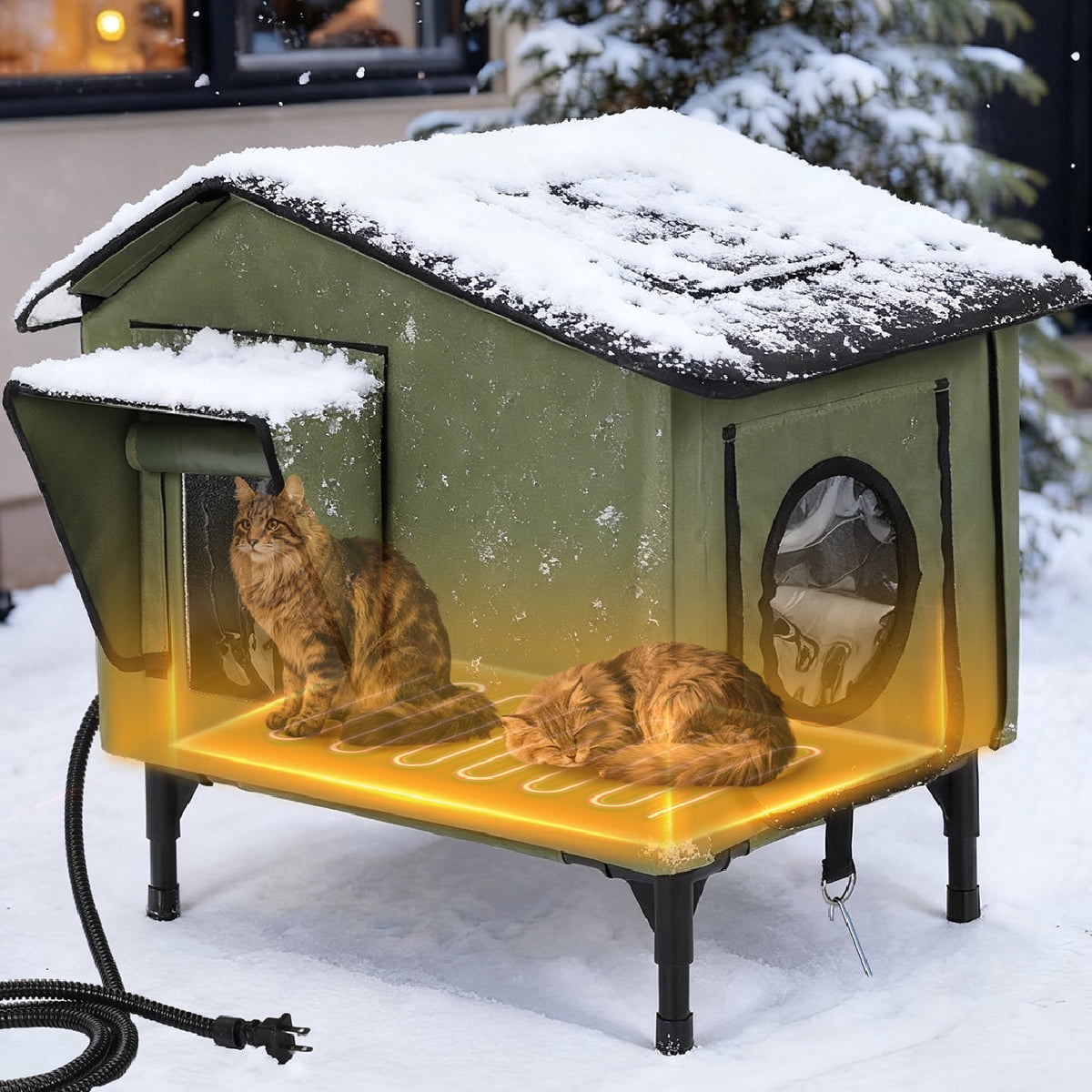 Outdoor Cat House with Removable Heating Pad, DOMIPET Heated Cat House, Waterproof Winter Shelter for Multiple Cats &amp; Small Animals with Escape Door, Suitable for All Seasons