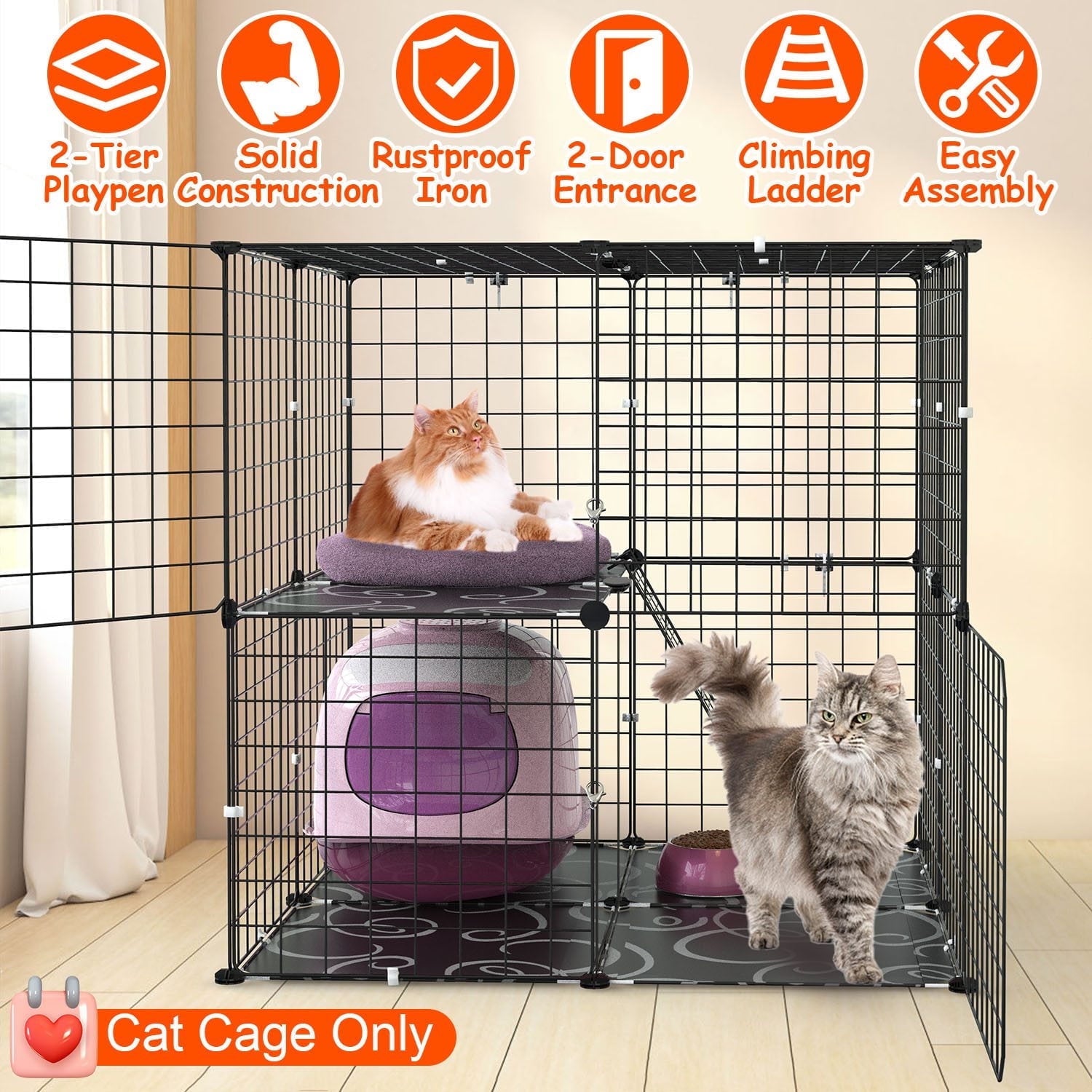 Moclever 2Tier Cat Cage Playpen, Iron Indoor Cat House with 2 Doors 1 Ladder for 1-2 Animals, Black