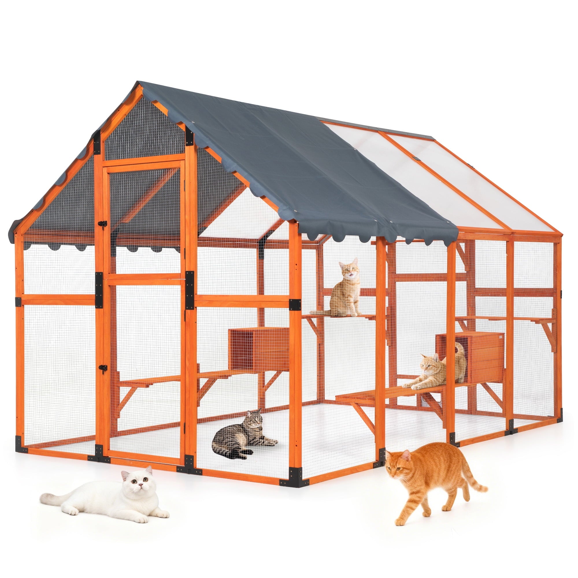 COZIWOW 108" Outdoor Large Cat Enclosure Wooden Kitten Catio Outside Cat House for Multiple Pets with Window Access Jumping Platforms,Gray