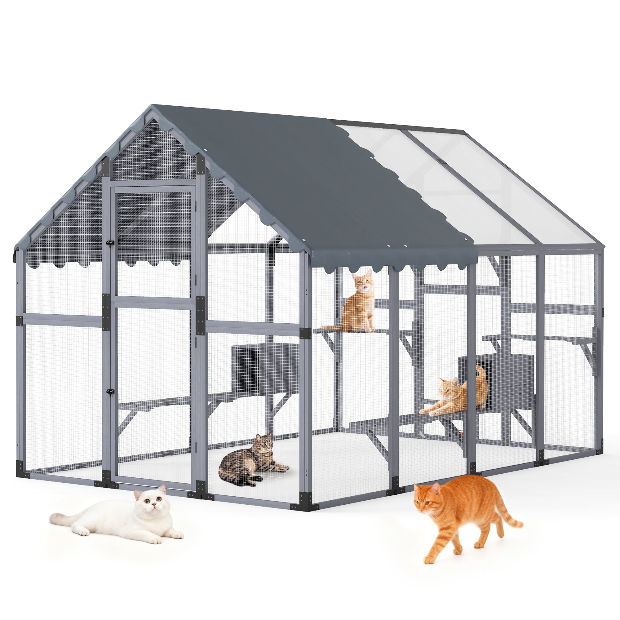COZIWOW 108" Outdoor Large Cat Enclosure Wooden Kitten Catio Outside Cat House for Multiple Pets with Window Access Jumping Platforms,Gray