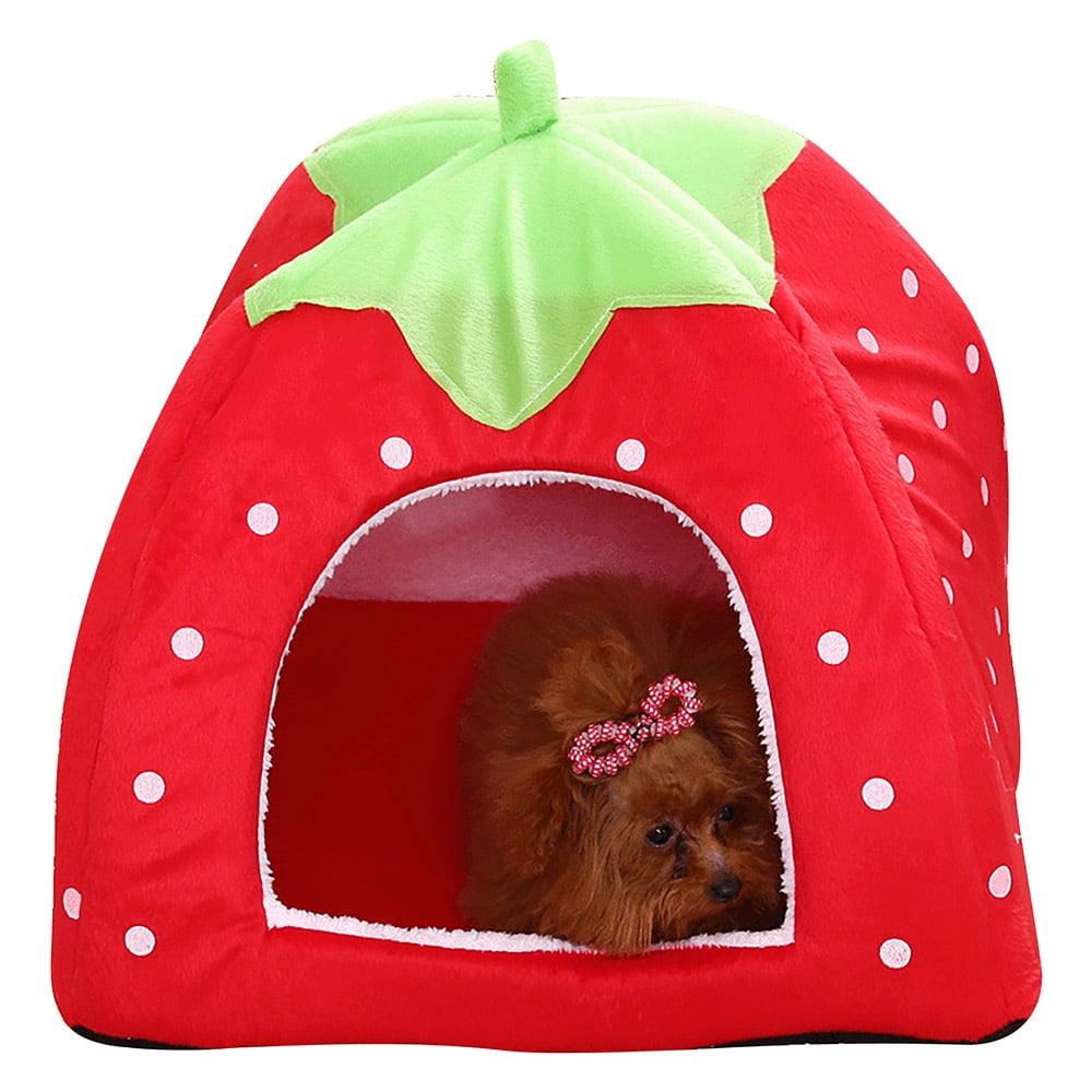 CHGBMOK Cute Strawberry Cat House Indoors Winter Warm Pet Dog Bed Foldable Fleece Warm Yurt