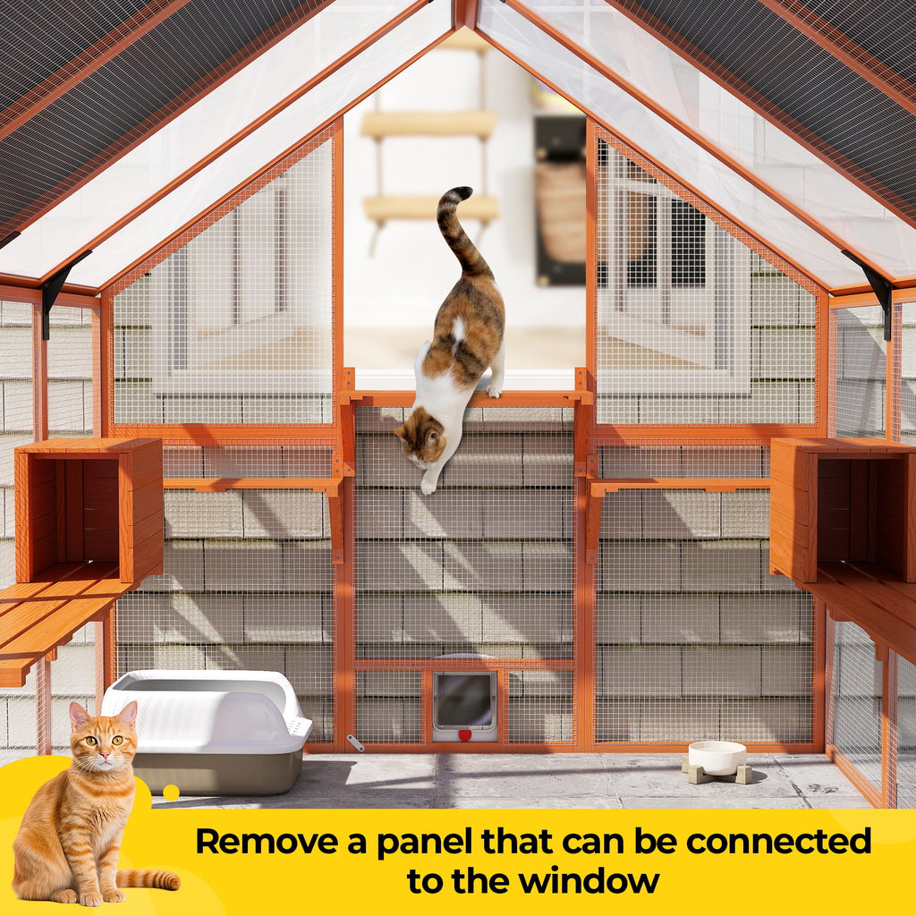 COZIWOW 108" Outdoor Large Cat Enclosure Wooden Kitten Catio Outside Cat House for Multiple Pets with Window Access Jumping Platforms,Gray