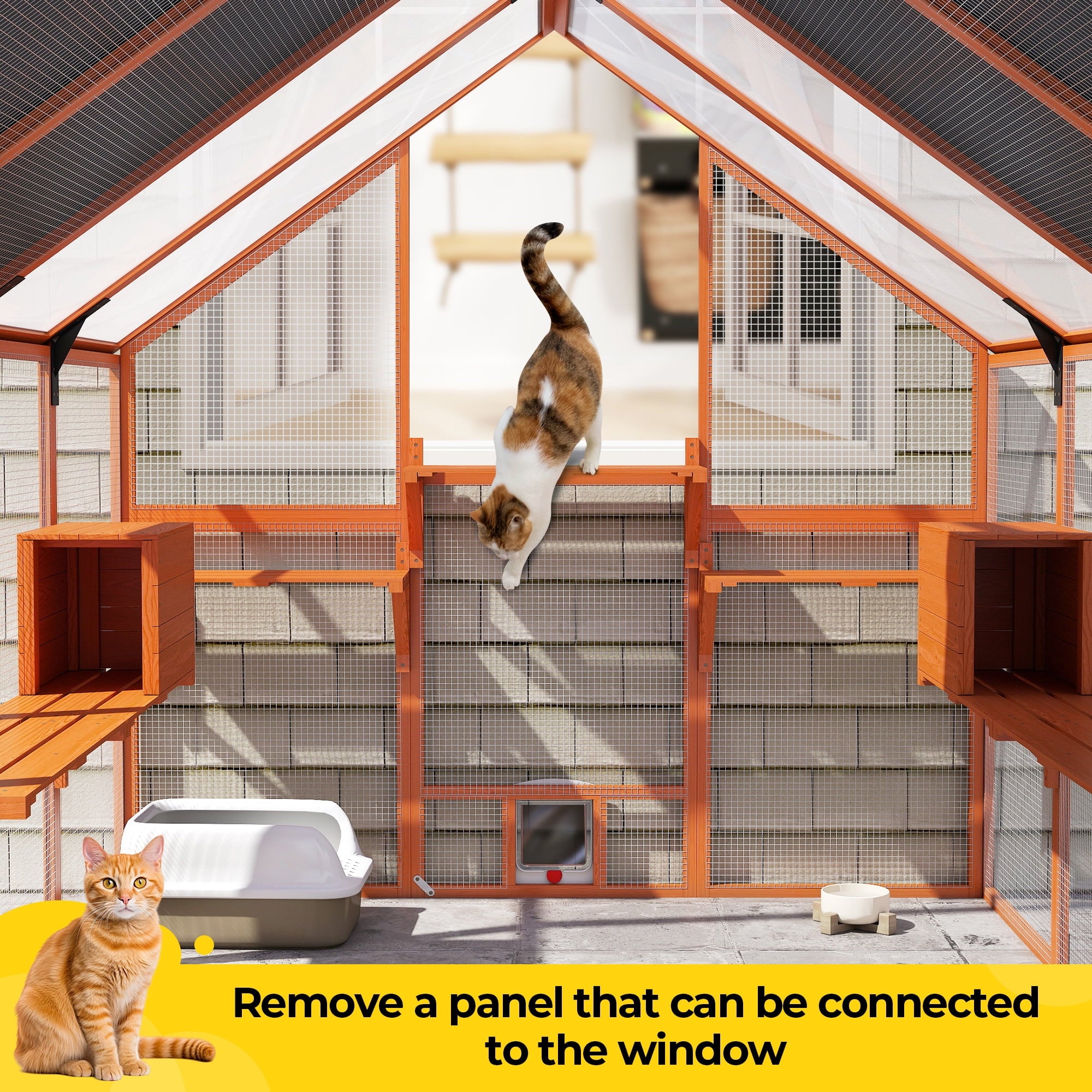 COZIWOW 108" Outdoor Large Cat Enclosure Wooden Kitten Catio Outside Cat House for Multiple Pets with Window Access Jumping Platforms,Gray