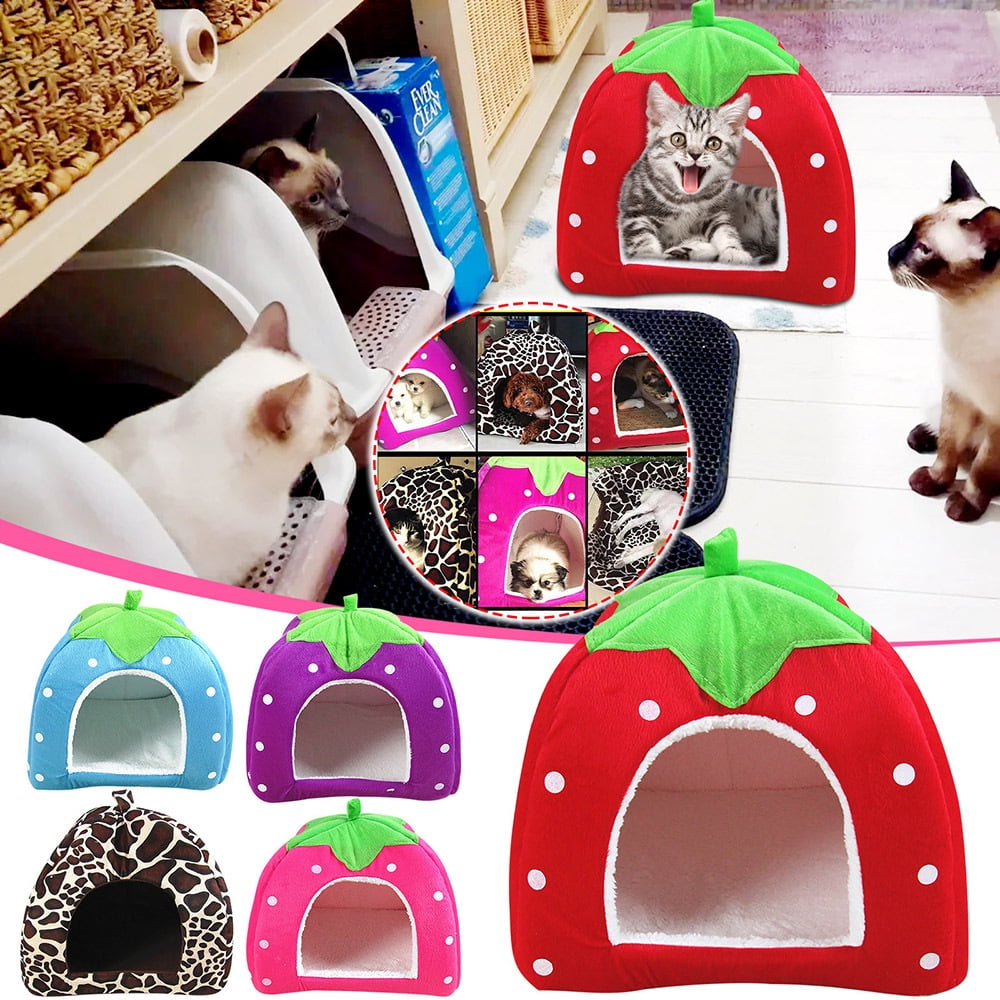 CHGBMOK Cute Strawberry Cat House Indoors Winter Warm Pet Dog Bed Foldable Fleece Warm Yurt