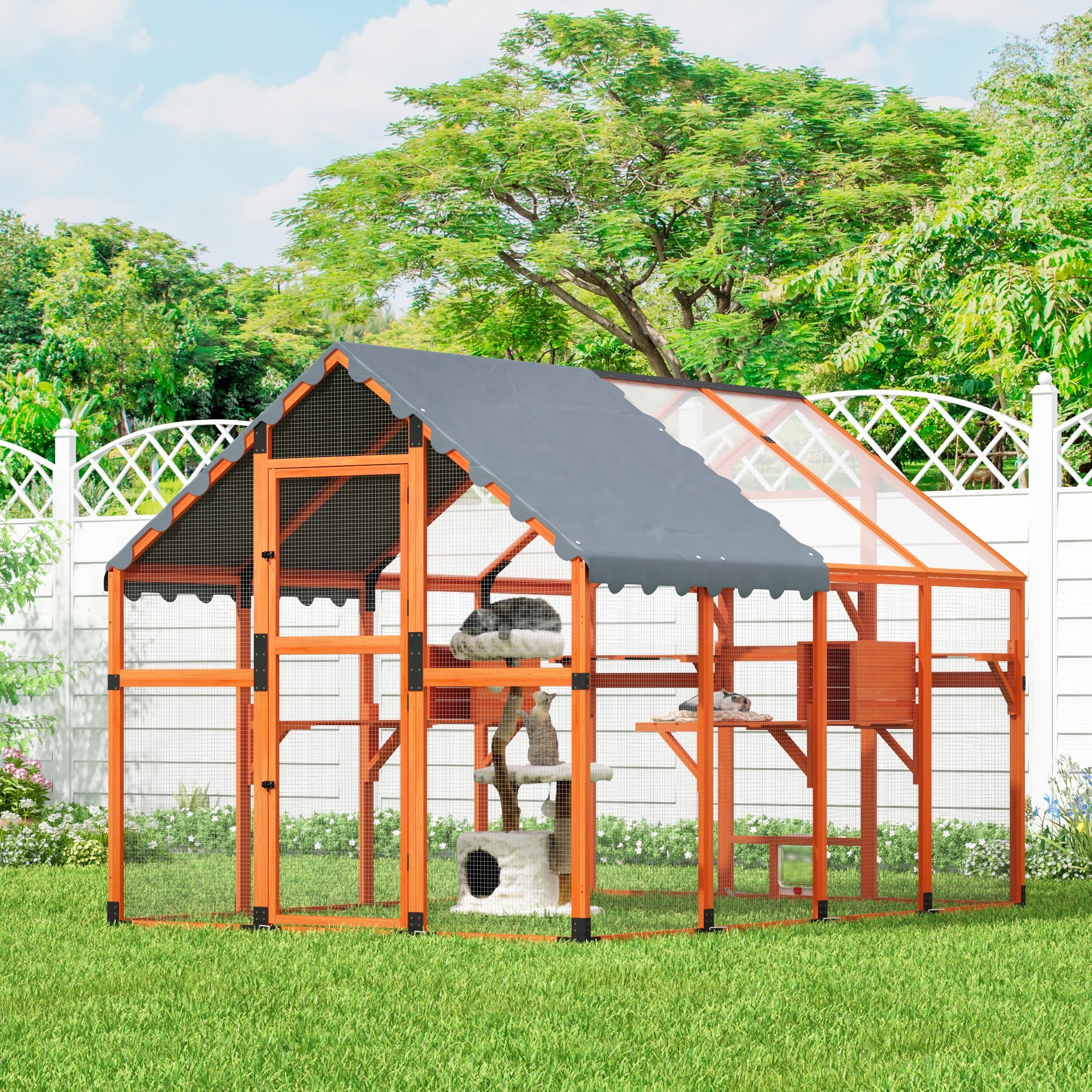 COZIWOW 108" Outdoor Large Cat Enclosure Wooden Kitten Catio Outside Cat House for Multiple Pets with Window Access Jumping Platforms,Gray
