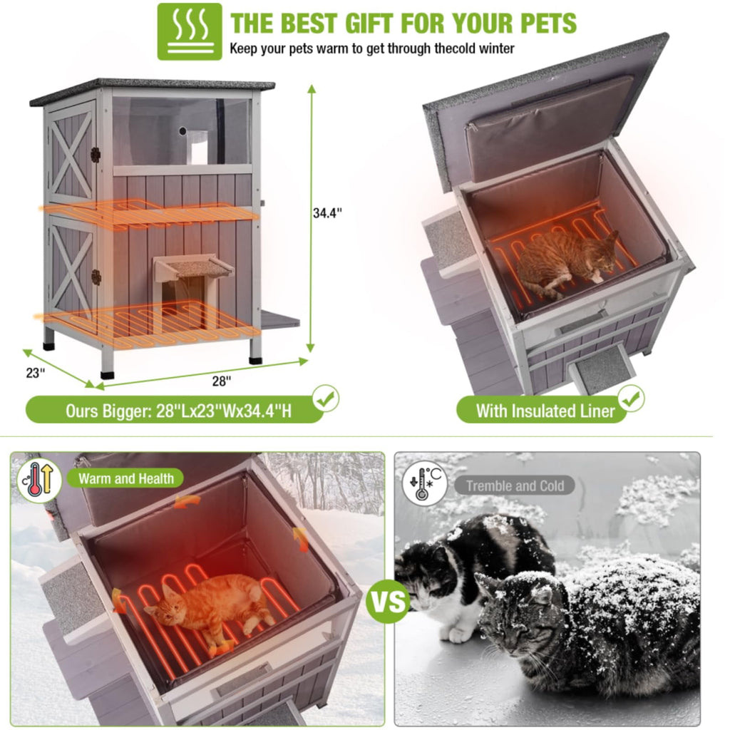 Aivituvin Outdoor Cat House, Waterproof Feral Cat Shelter, 2-Story Cat Cage for Outdoor and Indoor Use, Gray