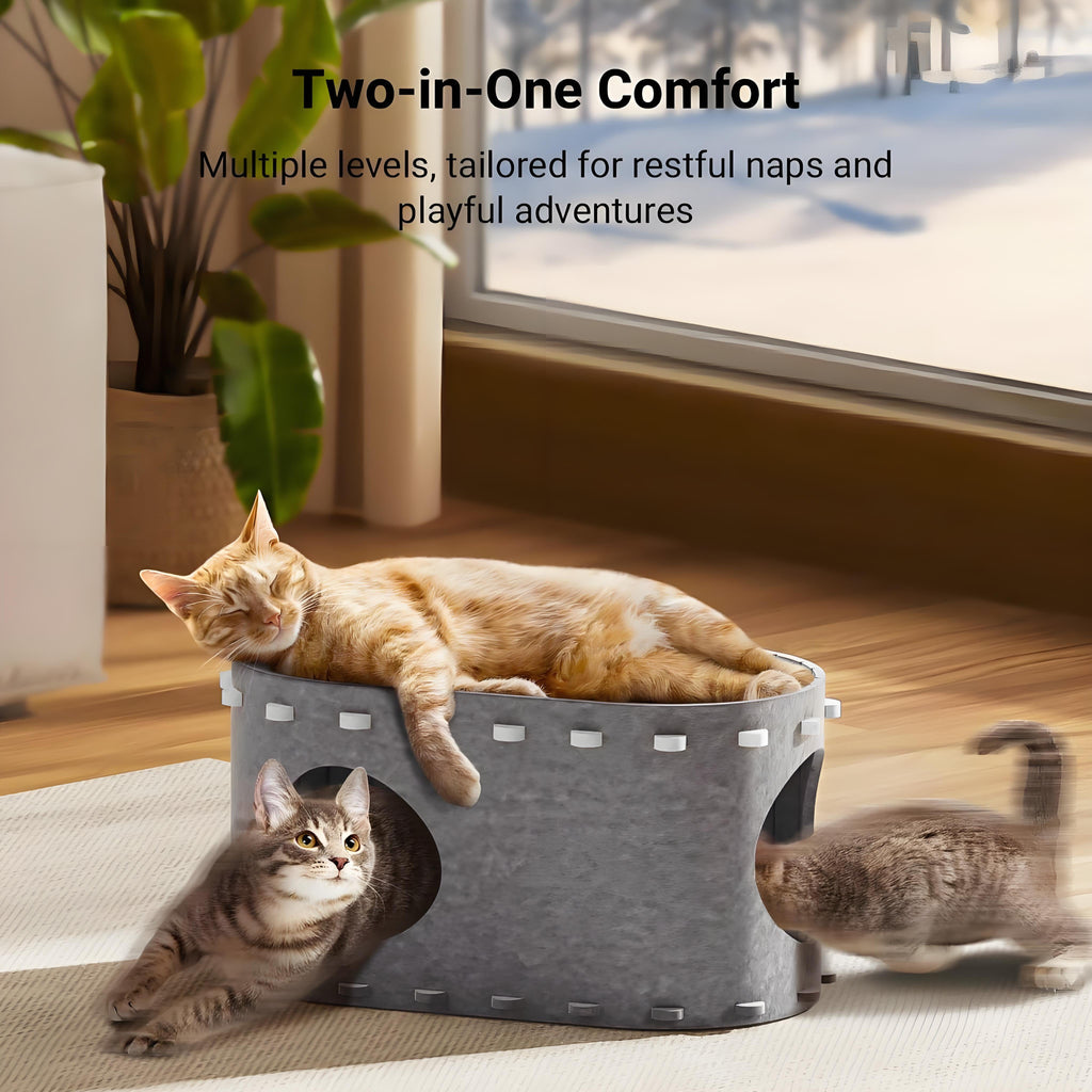 Cat Bed, POPO Extra Large Cat House with Scratch Pad and Fluffy Ball Hanging ,24"x16"x13", Khaki