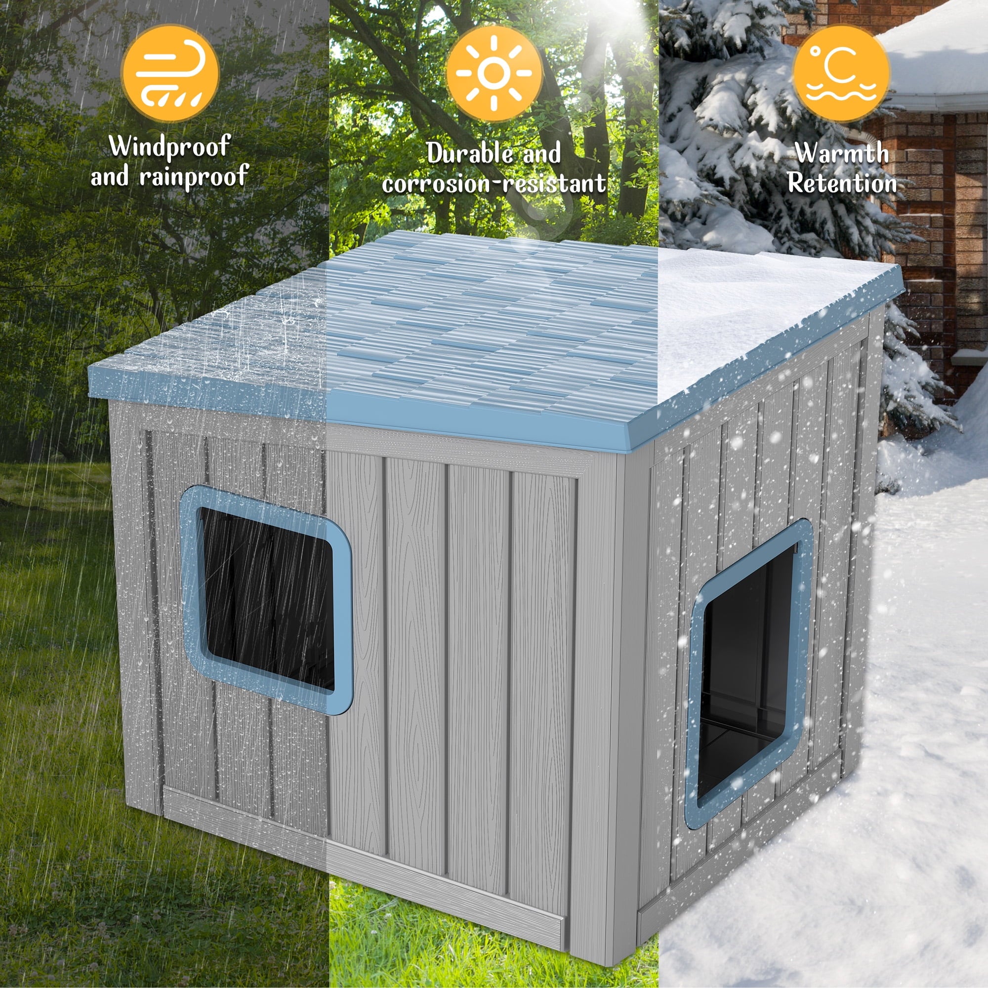 Bifanuo Outdoor Cat House, Outside Multiple Kitty Feral Cat Houses, Weatherproof Shelter for Ferrel Cats and Dogs, Durable PP Material, Insulated Shelter for Garden, Patio, or Backyard (Gray &amp; Black)