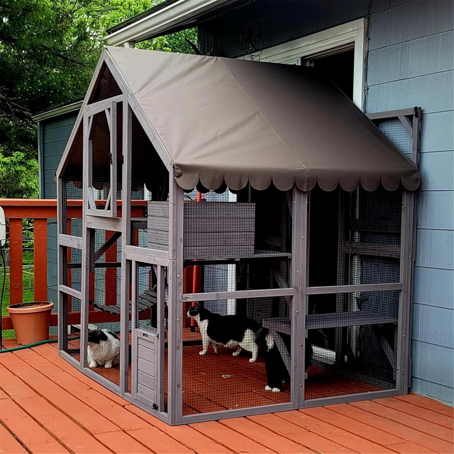 Aivituvin Large Cat Catio Walk-in Enclosure Wooden Cage with Bridges, Platforms, Rest Rooms, Roof Cover